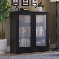 a black bookcase with glass doors and pictures on the wall next to potted plant