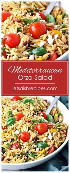 two plates filled with different types of salads and the words mediterranean orzo salad on top