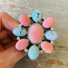 Navajo Signed Sterling Silver Pink Conch & Golden Hills Turquoise Cluster Ring! Condition: Brand New, Handmade! Stamped Sterling And Signed Ad! So Freakin Cute! See Photos! Retail $780! Size: Adjustable (Currently Set To 9 1/2, Let Me Know What Size You Need) 2 1/4” H X 2” W! This Is Only For One Ring, The Other Items Are Up Separately! I Have Multiple Native American, Navajo, Zuni, Taxco, Antique, Vintage, And Other Designer Items If You Want To Check Out My Other Listings! Sorry, No Trades! Sa Real Turquoise Jewelry Native American, Bohemian Turquoise Concho Ring, Golden Hills Turquoise, Pink Jewerly, Real Turquoise Jewelry, Turquoise Jewelry Rings, Vintage Turquoise Jewelry, Silversmithing Jewelry, Jewelry Wishlist