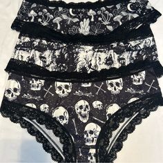 Morvia 3pk Lace Trim Goth Emo Panties M Skulls Stars Moons & Skulls Lingerie Women's Intimates, Lace Trim, Lingerie, Black White, Trim, Black And White, Stars, Lace, Closet