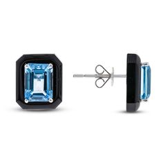 Magnificent rectangle-cut natural Swiss Blue topaz gemstones rest within bold black onyx in these eye-catching women's stud earrings. Fashioned in 14K white gold, the earrings secure in place with friction backs. Jared The Galleria Of Jewelry, Womens Earrings Studs, Onyx Earrings, Swiss Blue Topaz, Topaz Gemstone, Bold Black, Black Onyx, Blue Topaz, Fashion Earrings