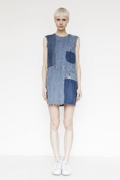 Assembly Denim Patchwork Shift Dress - Sleeveless denim dress made from vintage denim featuring zipped back closure - Model wears size XS - 100% Cotton - Made in USA -Please note, every garment is unique and made of hand picked vintage denim Denim Patchwork Dress, Sleeveless Denim Dress, Denim Outfits, Denim Inspiration, Denim Projects, Denim Ideas, Moda Jeans, Patchwork Denim, Denim Trends