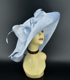 "✿*.Key Features.*✿ This is a floopy wide brim hat with big bows, two long sinamay ribbons and supper long trimmed feathers. You can wear it directly or add some accents you want, very stunning and beautiful hat. Great for Kentucky derby, weddings, church, Easter, Royal Ascot, horse races, cocktails, tea party, or any hat wearing occasion. Hat base size: From front to back around : 21\" (53cm) From left to right around : 21\" (53cm) Brim size appr:6-7.5\" Crown Deep: 4.5\" Head girth: 22.5(57cm) Blue Fedora For Summer Parties, Blue Wide Brim Fedora For Kentucky Derby, Light Blue Summer Hats For Races, Light Blue Summer Hat For Races, Blue Summer Fedora For Parties, Blue Summer Party Fedora, Blue Flat Brim Sun Hat For Kentucky Derby, Light Blue Hat For Royal Ascot Races, Blue Curved Brim Fascinator For The Beach