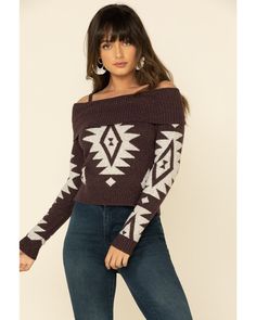 Shyanne Womens Aztec Fringe Off Shoulder Sweater , Grape Hygge Fashion, Aztec Dress, Casual Fashion Trends, Boot Barn, Off The Shoulder Sweater, Off Shoulder Sweater, Country Outfits, Edgy Outfits, Aztec Print