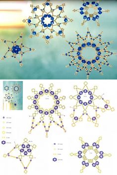 the instructions to make an ornament for snowflakes are shown in blue and yellow