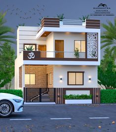 a white car parked in front of a two story house with balconies on the second floor