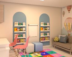 a child's playroom with bookshelves and toys