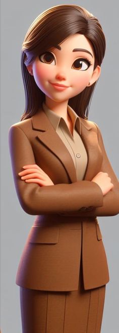 a woman in a business suit with her arms crossed