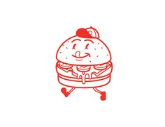 a drawing of a hamburger with a smile on it's face and legs, in red ink