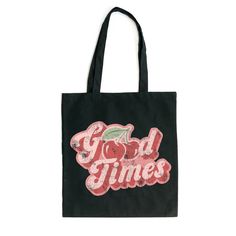 Looking for a cute tote bag to carry all your essentials this summer? This cute Good Times Cherries bag will be perfect to add to your collection. Perfect for a day at the beach or every day life! Trendy Beach Bag With Letter Print, Trendy Beach Bag With Letter Print For Daily Use, Trendy Letter Print Beach Bag For Travel, Trendy Canvas Bag With Letter Print For Vacation, Vintage Rectangular Canvas Bag For Summer, Trendy Letter Print Canvas Bag For Vacation, Fun Summer Everyday Shoulder Bag, Fun Summer Shoulder Bag For Everyday, Trendy Black Canvas Bag For Summer