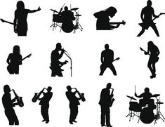 silhouettes of people playing instruments and singing in different poses, including one man with guitar