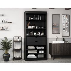 the bathroom is decorated in black and white with lots of things on it's shelves