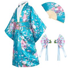 PRICES MAY VARY. Material:High quality satin polyester(Imitation silk) Package includes: Kimono robe , Belt, Backband, Silk folding fans，Hairstick -5 piece set Suit for: Daily wear ,Children party dress,Fun as birthday or holiday gifts,Halloween party uniforms, Cosplay party uniforms. A great costume or gift for festival and so on This kimono Yukata robe with classic traditional Japanese style will provide you a soft and comfortable experience.Luxurious silky feel and look, It is light weight an Kimono Dresses, Traditional Japanese Clothing, Attorney Outfit, Japanese Kids, Kimono Gown, Baby Costumes Girl, Kimono Japan, Dress Kimono, Japanese Clothing