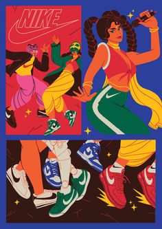 an advertisement for nike featuring two women in colorful outfits and one is holding a bottle