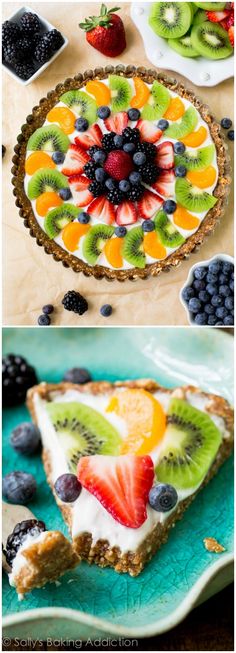 there is a pie with fruit on it and the bottom one has blueberries, oranges, kiwis, and raspberries