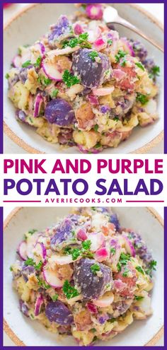 pink and purple potato salad in a white bowl