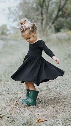 Little girl black dress #kidfashion #twirl #blackdress Rubber Boots, Baby Love, Gq, Baby Fashion