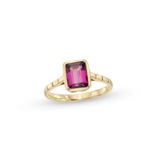 Sleek and modern, this rhodolite garnet fashion ring makes a sophisticated statement. 10K rose gold. The ring showcases a bezel-set 6.0 x 8.0mm rhodolite garnet center stone. Grooved detailing lines the slender shank. Elegant Tourmaline Birthstone Ring With Bezel Setting, Elegant Faceted Tourmaline Ring, Multi Stone Rings, Champagne Sapphire, Rhodolite Garnet Ring, Pink Garnet, Ring Inspiration, Garnet Ring, Rhodolite Garnet