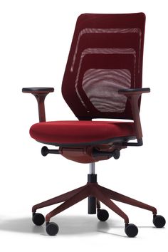 an office chair with red upholstered seat and backrest, viewed from the front