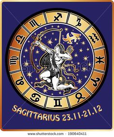 the zodiac sign for sagitratus in gold and blue with stars around it