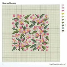 a cross stitch pattern with pink flowers and green leaves on the bottom half of it