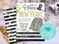 new year's eve party flyer with gold and black striped dress, top hat, champagne flutes