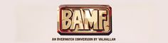 an advertisement with the word bame written in gold and red on top of it