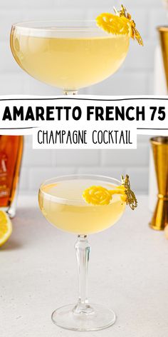 Two images showing the Amaretto French 75, a yellow colored cocktail, with a carved lemon peel in the shape of a flower as garnish. Text in the middle of the two images says "amaretto French 75 champagne cocktail". French Champagne Cocktails, French 75 Variations, Gin And Champagne Cocktail, French Kiss Cocktail, Amaretto Spritz, Disaronno Drinks, Lemon Cocktails, Chambord Cocktails, Summer Cocktail Menu