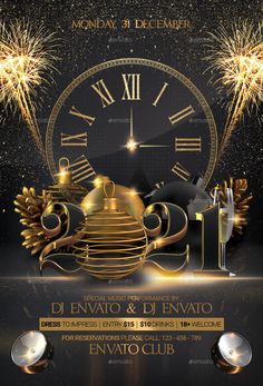 new year's eve party flyer template with fireworks and gold decorations on black background