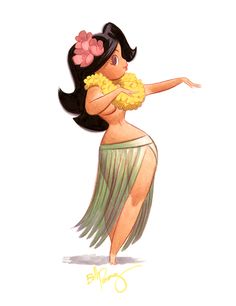 a watercolor painting of a woman in a hula skirt