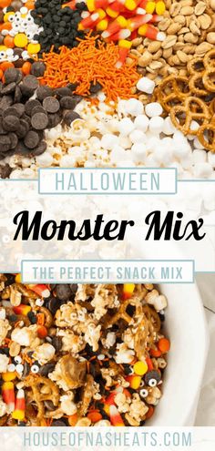 Halloween Monster Snack Mix Halloween Popcorn Mix, Halloween Trail Mix, Halloween Party Mix, Monster Snacks, Fall Snack Mixes, Halloween Snack Mix, Halloween Popcorn, Popcorn Mix, Bite Size Snacks