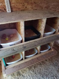 three buckets filled with eggs sitting on top of a wooden shelf in a barn