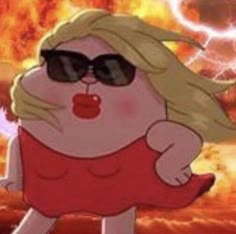 a cartoon character with sunglasses on in front of a fire and sky background that appears to be exploding