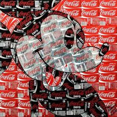 a mickey mouse made out of coca - cola cans and other items is featured in this painting