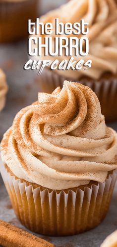 cupcakes with cinnamon butter frosting on top and cinnamon sticks in the background