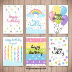 four birthday cards with balloons and stars