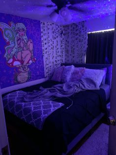 a bed room with a neatly made bed next to a purple wall and ceiling fan