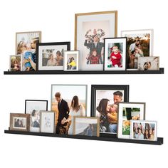 two black shelves filled with different pictures and frames on top of each other, one shelf holding multiple family photos