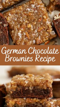 german chocolate brownies recipe with nuts on top and in the background, there are pieces cut into squares