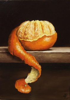 a painting of an orange on a table