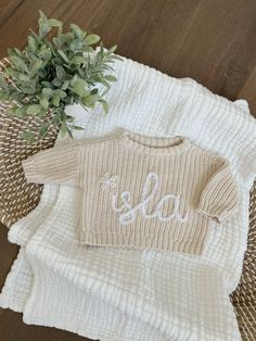 a baby sweater sitting on top of a table next to a potted plant