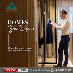 a man standing in front of a closet with his jacket hanging on the door handle