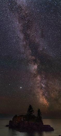 the night sky is filled with stars and some trees on top of a small island