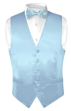 a light blue vest with a white shirt and bow tie