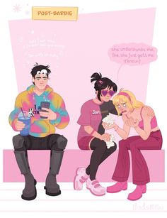 three people are sitting on a bench and one is holding a baby while the other looks at his cell phone