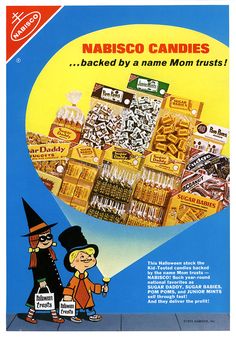 an advertisement for nabsco candies from the 1950's, with two children dressed as witches