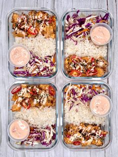 four glass containers filled with rice, chicken and veggies next to dipping sauces