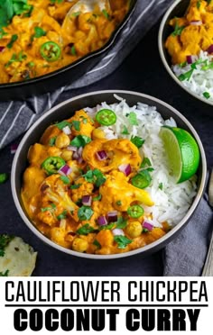 two bowls filled with cauliflower chickpea coconut curry next to rice and cilantro