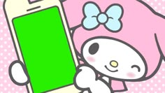 a cartoon character holding up a cell phone with a green screen in front of her face