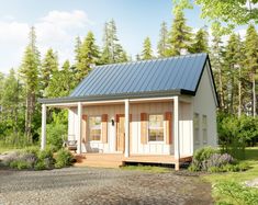 a small white cabin with a porch and windows on the front is surrounded by trees